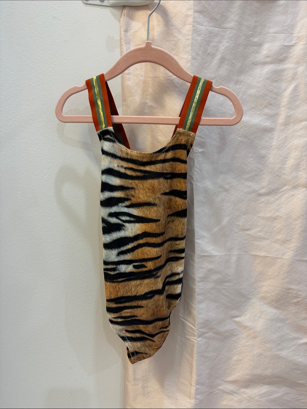 Molo Tiger-Print One-Piece Swim in Brown, Black & Orange-Striped Straps